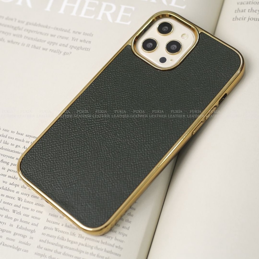 Ốp da thủ công viền Gold Epsom Xanh Rêu dành cho điện thoại 15/15pro/15promax/14/14pro/13/13pro 12 Promax/ 12 Pro/ 12/ 11 Promax ODTC104