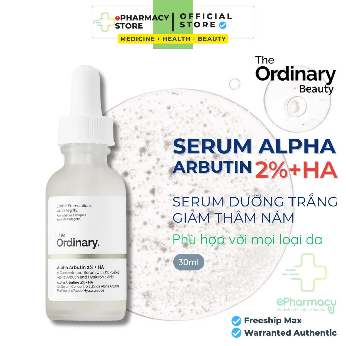 THE ORDINARY Serum Alpha Arbutin 2% + HA Tinh chất dưỡng trắng mờ thâm nám chống lão hóa 30mL