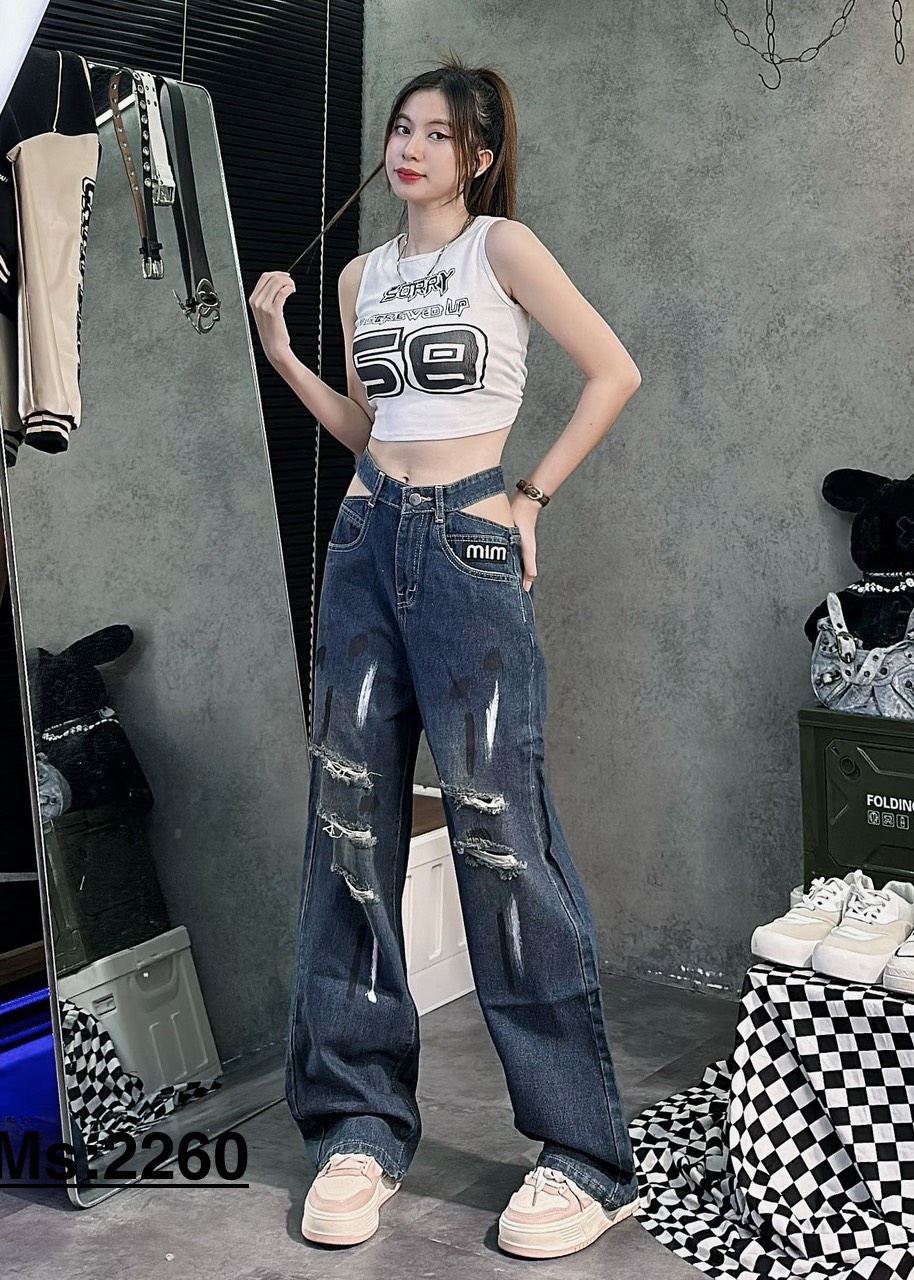 Quần jeans dài kiểu ống suông xước rách siêu hot cw