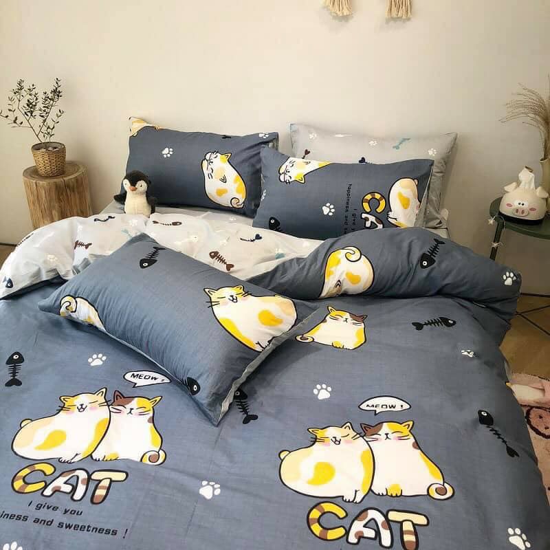 Bộ Chăn Ga Gối Mèo Ú Cotton Poly