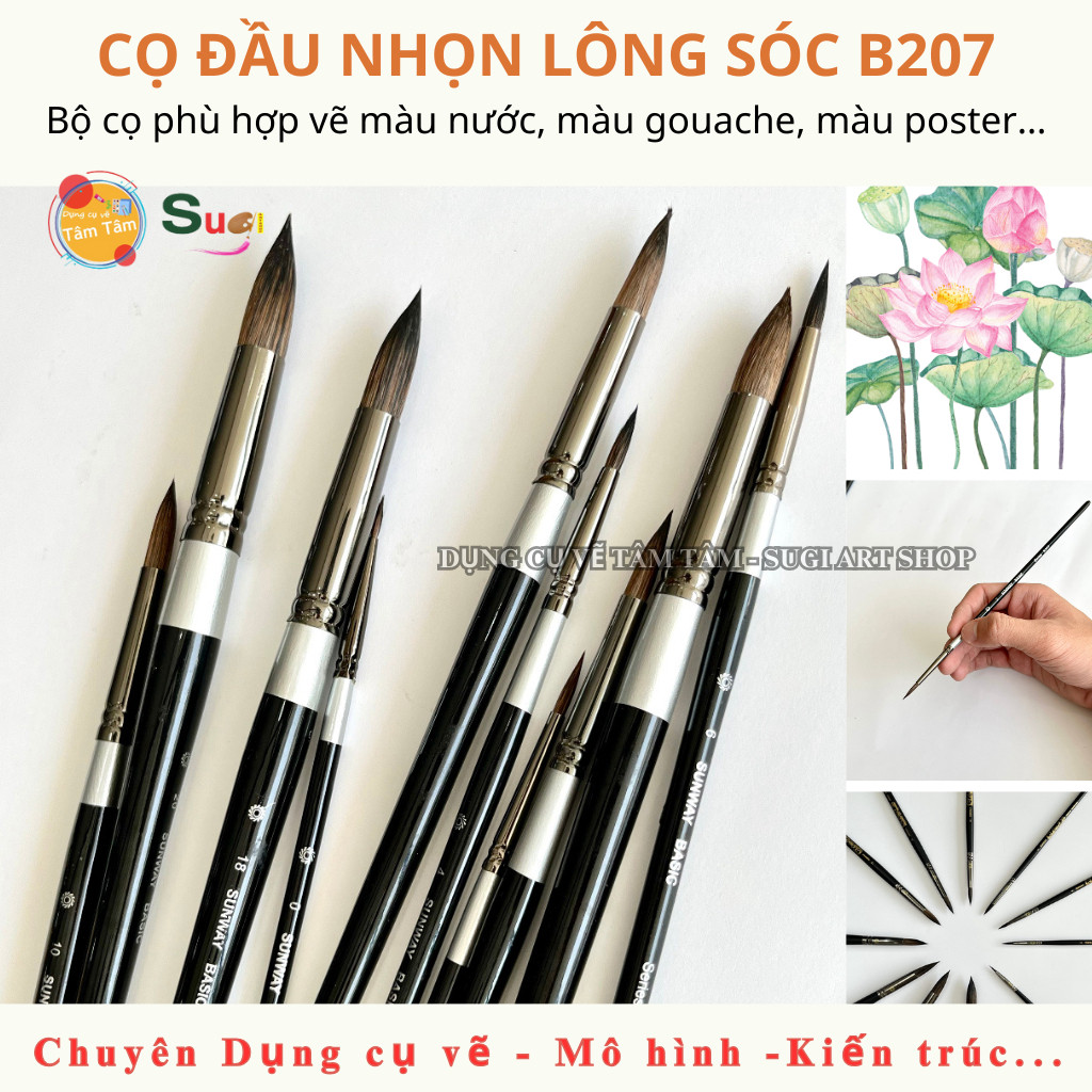 -Cọ đầu nhọn lông sóc B207, Sunway B207 Lông Sóc (Bán lẻ theo size) Tâm Tâm - Sugi Art