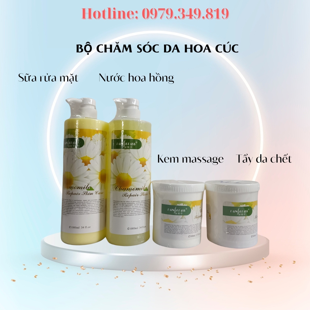 Bộ Chăm Sóc Da Hoa Cúc, trọn bộ gồm kem masage, tẩy da chết, sữa rửa mặt, nước hoa hồng tone Hoa cúc