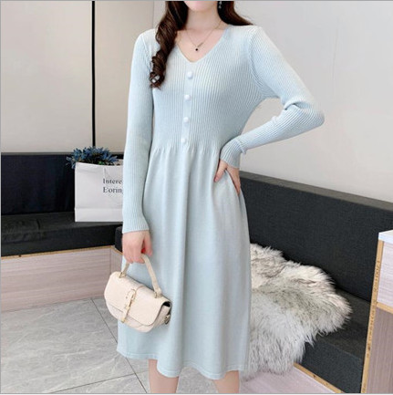VÁY LEN QUẢNG CHÂU DÁNG DÀI cổ V DÀI TAY (FREESIZE 45kg-58kg)