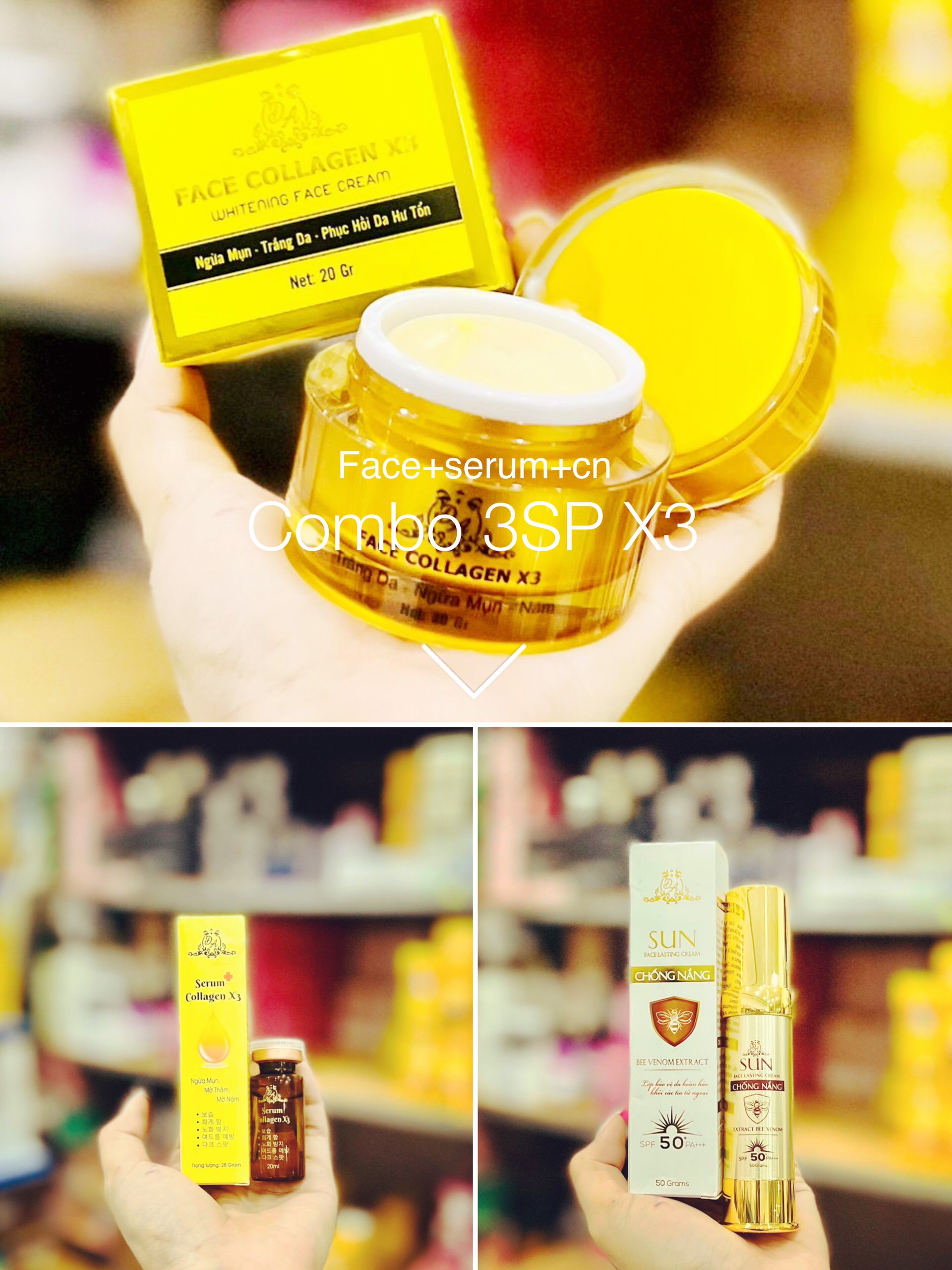 bộ 3sp_kem face collagen x3 20g+ Serum X3+ Kem Chống nắng nọc ong x3- hàng chính hãng Đông Anh