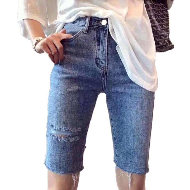 [HCM]Quần jean lửng BIG SIZE lưng cao rách cạnh đùi co dãn mạnh dành cho người béo 60kg~90kg - MoliJeans