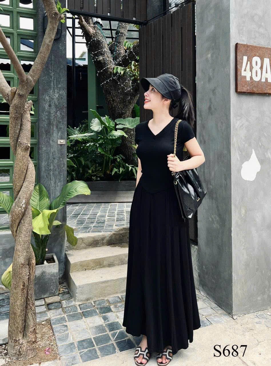 Set bộ thun trơn mặc dạo phố đơn giản, áo thun cổ V và chân váy maxi dài hai màu đen và nâu