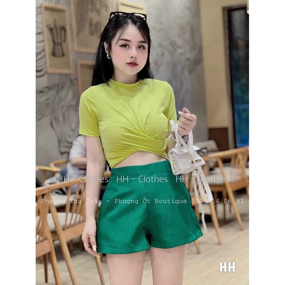 Áo thun croptop cổ tròn ngắn tay phối xoắn trước bụng ttvv0380