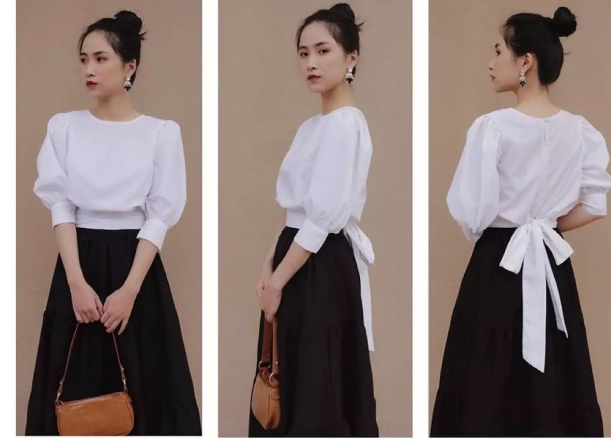 Áo kiểu trắng tay phòng cột nơ eo Croptop