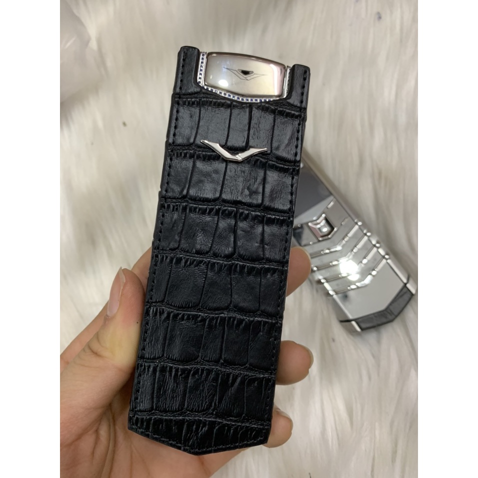 Bao da Vertu Singnature S đứng dập vân đen