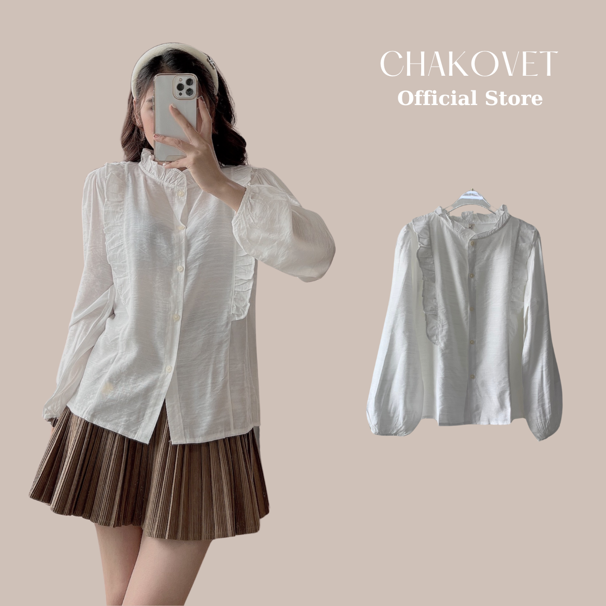 Áo sơ mi đũi cổ chữ V, Kiểu sơ mi nữ tay bo chun bèo ngực xinh xắn Freesize, áo kiểu tay dài màu trắng – CA116