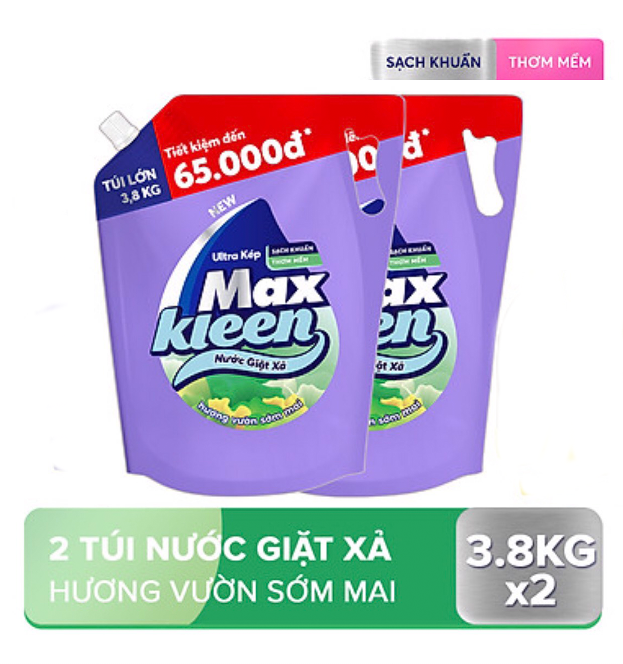 Combo 2 Túi Nước Giặt Xả Maxkleen 3,8kg Hương Vườn Sớm Mai