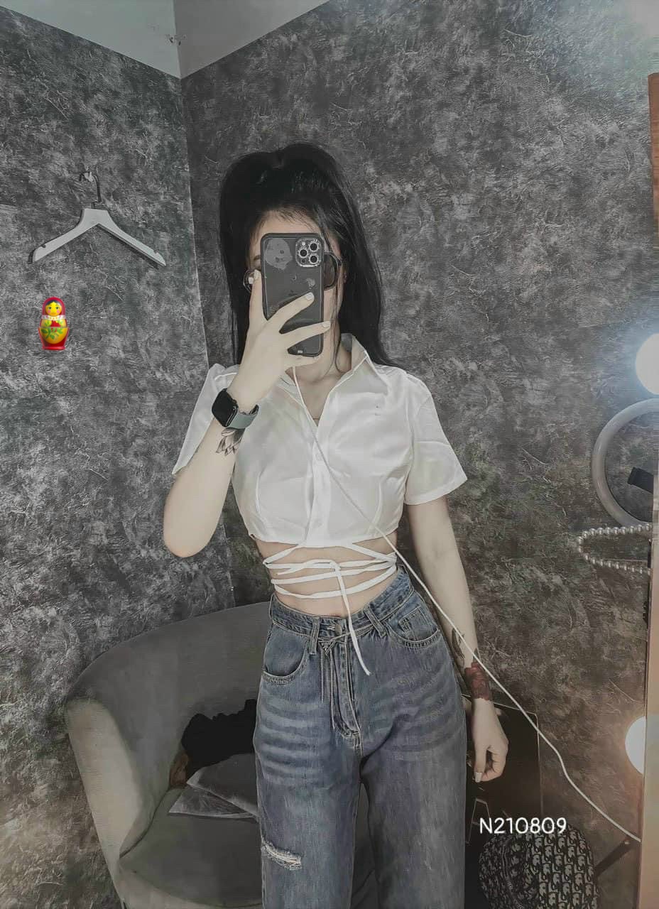 Áo sơ mi croptop quấn dây eo cực cá tính , chất kate mềm mát