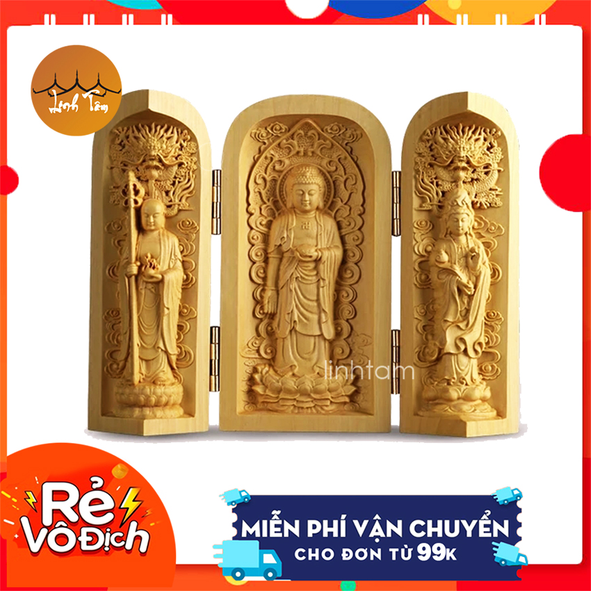 Hộp gỗ 3 tượng phật như lai bồ tát quan âm gỗ hoàng dương cao cấp