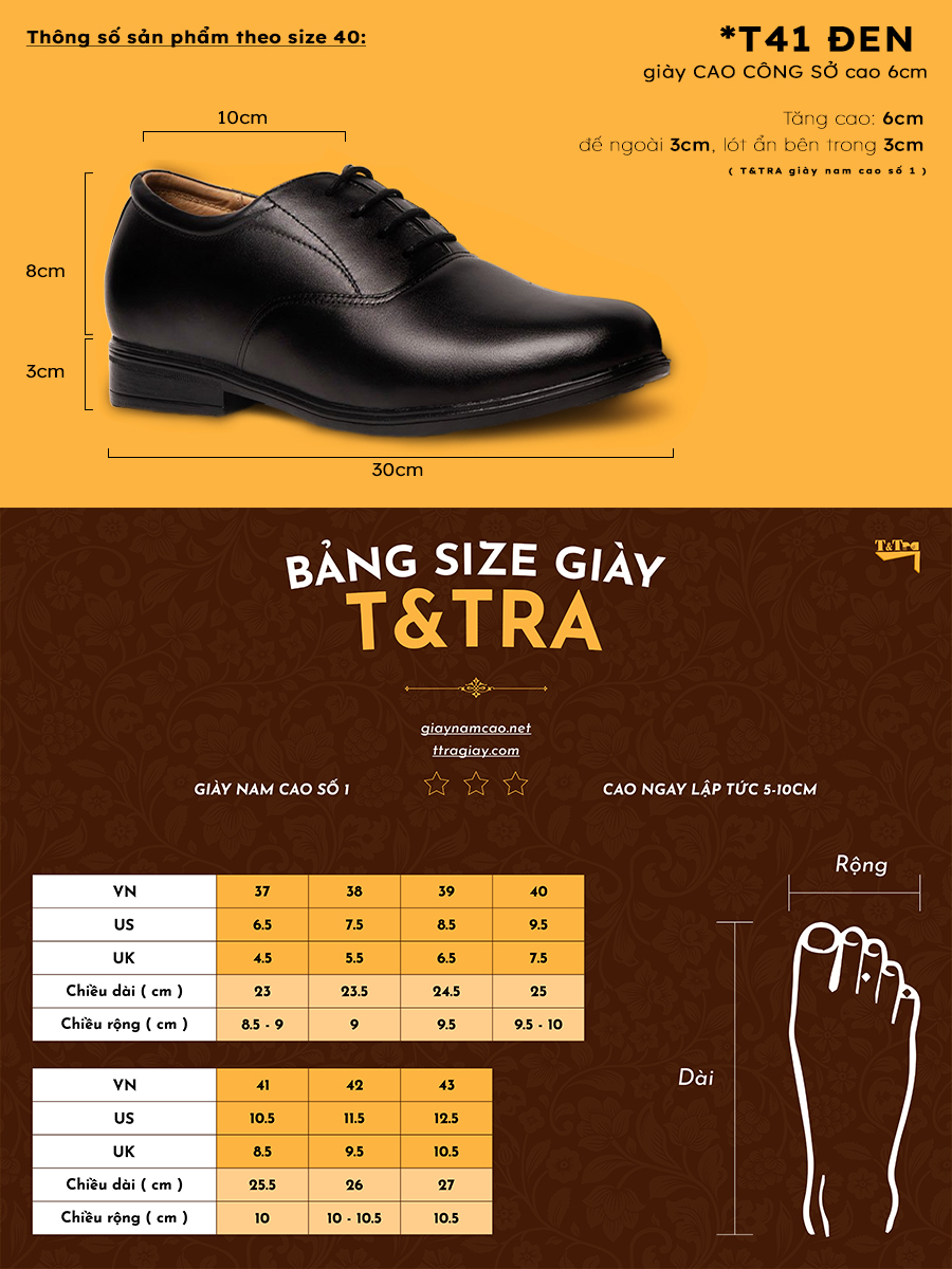 [ 6CM ] Giày Độn Nam  T&TRA T41 Đen
