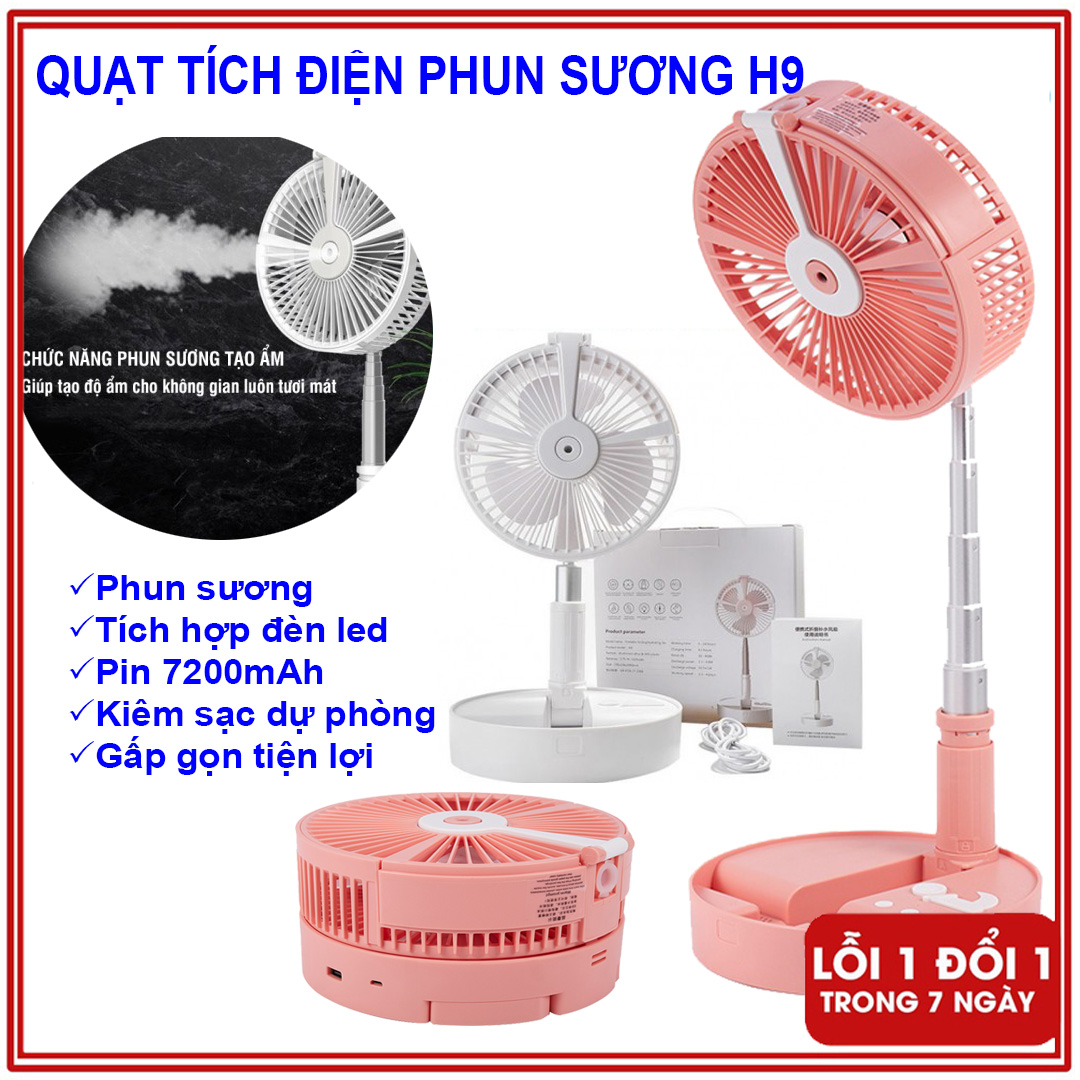 Quạt tích điện gấp gọn, quạt phun sương hơi nước kiêm sạc dự phòng h9, pin 7200mah tích hợp đèn ngủ, kéo cao, gấp gọn tiện dụng, quạt phun sương mini pin sạc đa năng, quạt điều hòa hơi nước, quạt điều hòa - giadungbv247