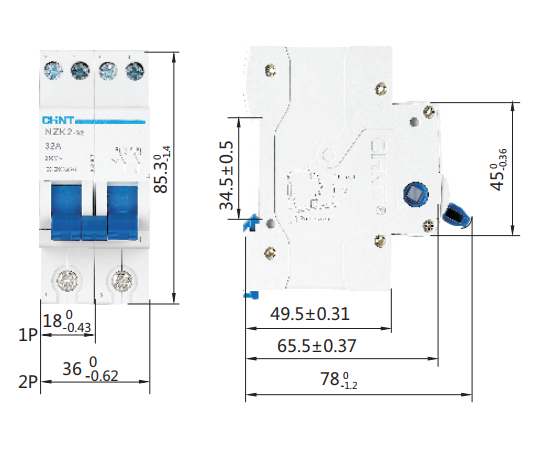 Cầu Dao MCB Đảo Chiều 2 Pha 32A , Dạng module thiết kế nhỏ gọn, Hãng Chint ( Hàng chính hãng xuất khẩu)