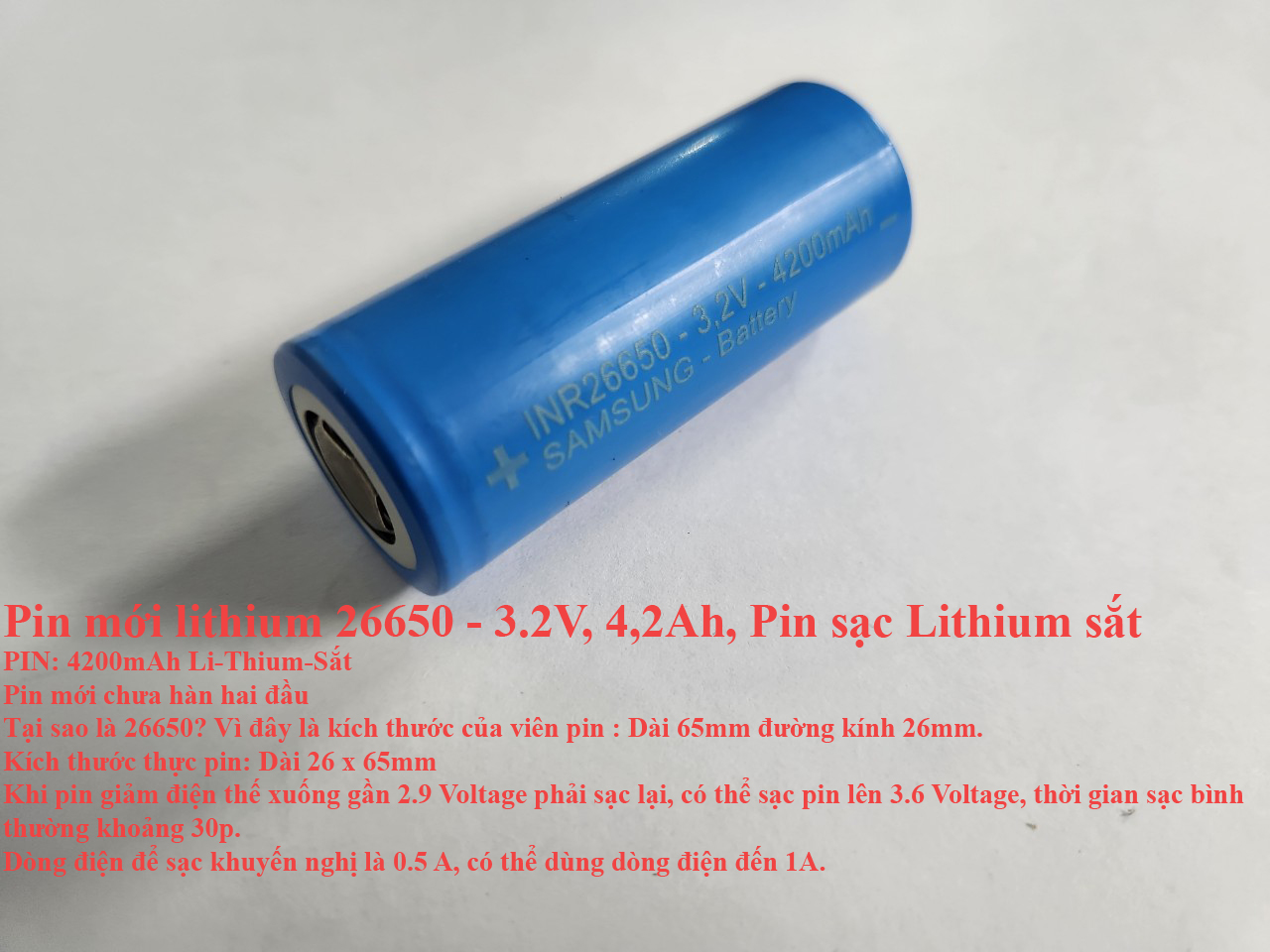 Pin mới lithium 26650 - 3.2V, 4,2Ah, Pin sạc Lithium sắt