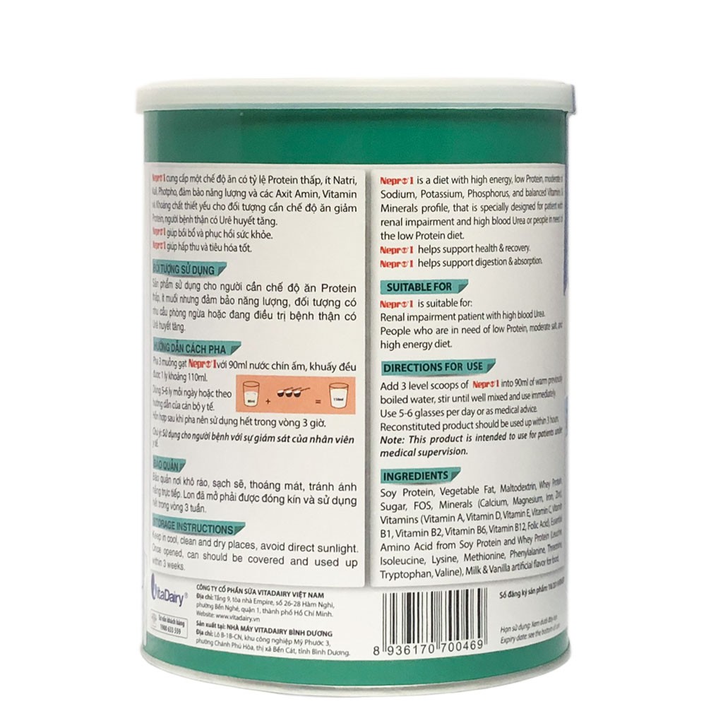 [CHÍNH HÃNG] Sữa Bột Vitadairy Nepro 1 - Hộp 900g (Giảm Protein; Dành cho người bệnh thận có URÊ huyết tăng)