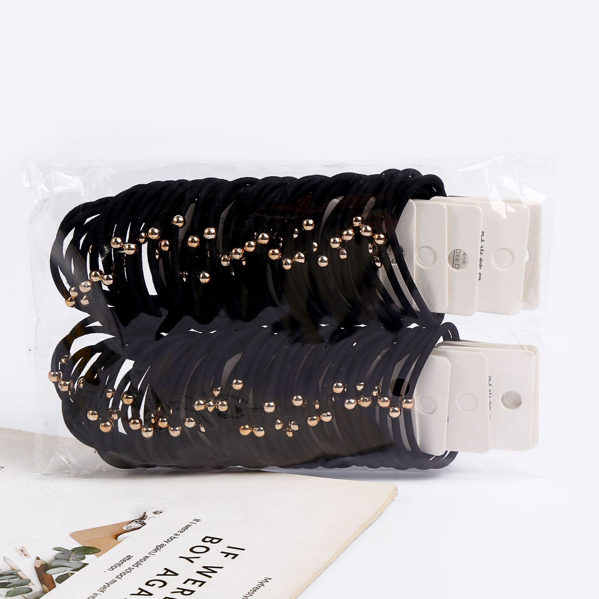 Set 4 dây cột tóc cao su co giãn đính hạt vàng siêu mịn đơn giản phong cách hàn quốc
