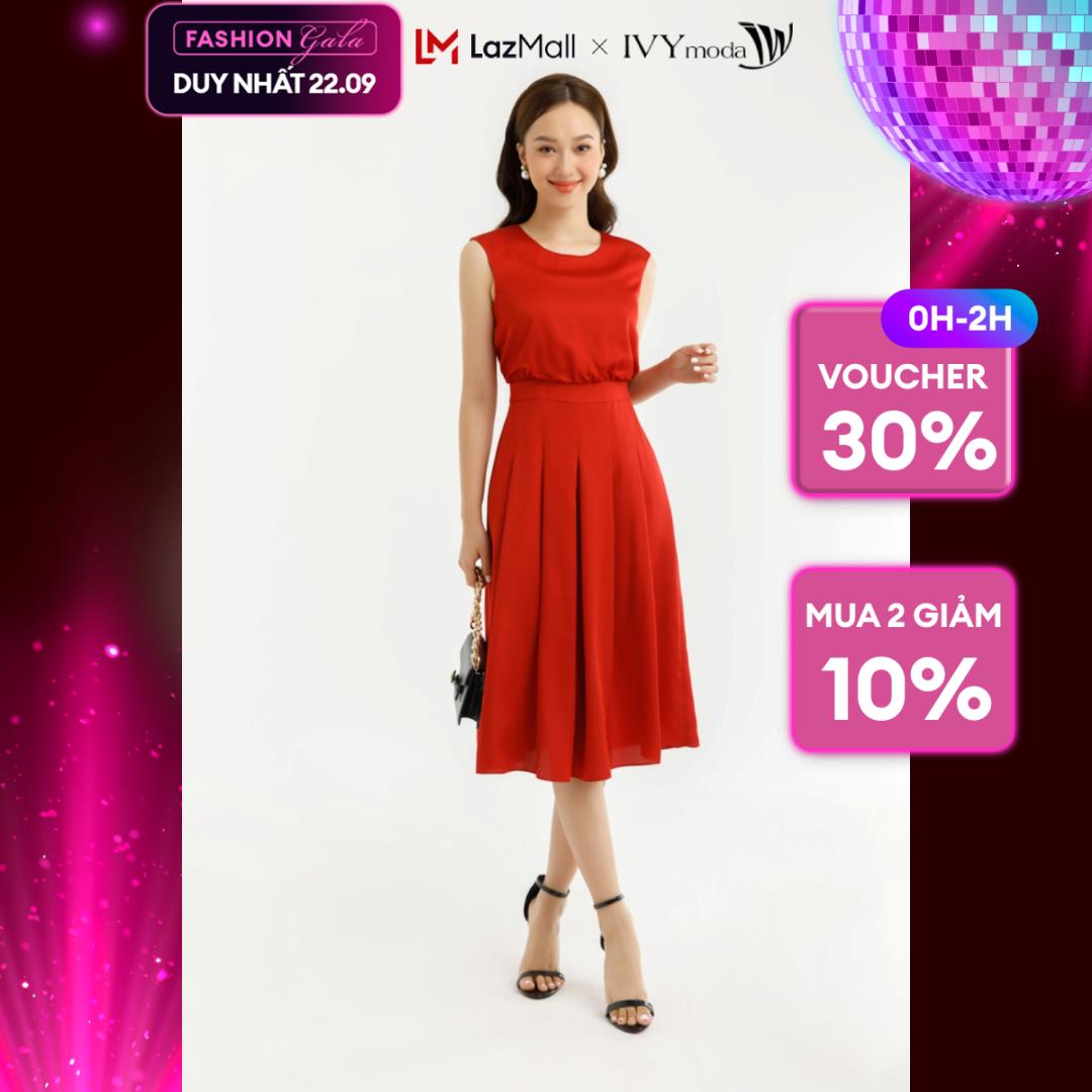 [SINH NHẬT SALE XỊN | VOUCHER GIẢM 100K - MUA 3 GIẢM THÊM 10%] Đầm lụa xòe nhún eo IVY moda MS 48M7573