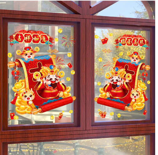 Decal Tết 2025 trang trí năm mới, dán cửa kính hai mặt , có keo hoặc tĩnh điện TRT1000