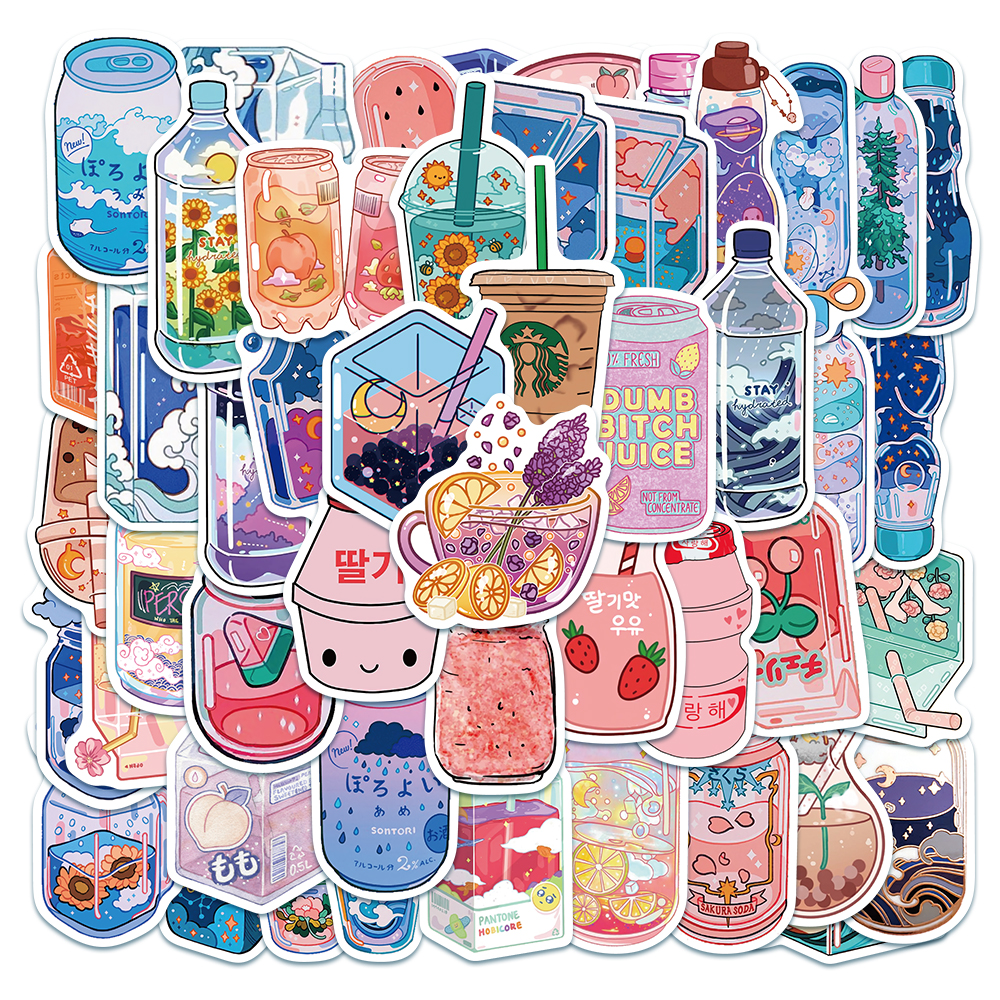50Pcs Cartoon Ins Cute Drink Waterproof Sticker Skateboarding Snowboard Retro Vinyl Sticker Graffiti Notebook Sticker