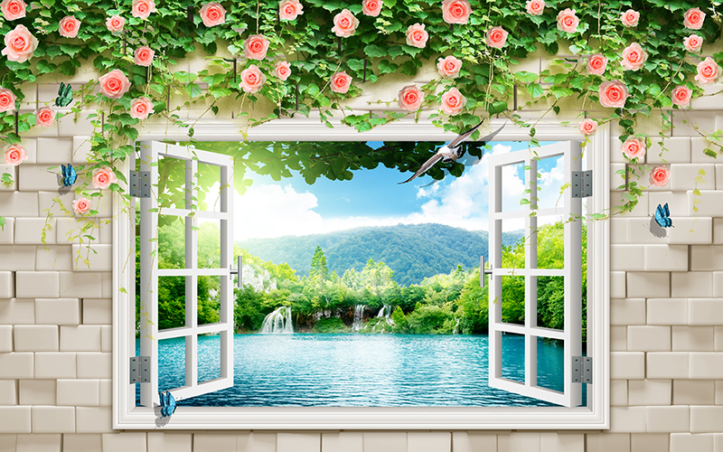 Tranh dán tường HD Tường hoa có cửa sổ thiên nhiên Hhuman-8283 Kim sa