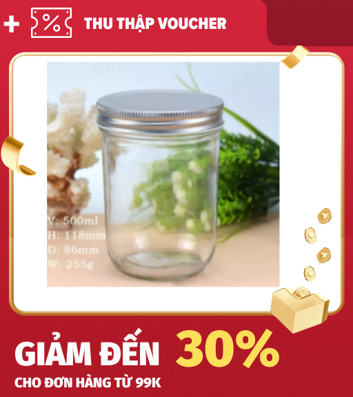 COMBO 3 HŨ THỦY TINH TRÒN 500ML NẮP NHÔM MIỆNG RỘNG ĐỰNG ĐỒ KHÔ, THỰC PHẨM, GIA VỊ