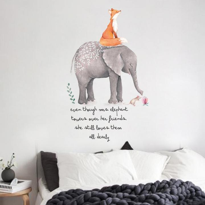 Decal dán tường elephant and fox Sticker Tranh Dán Tường XL7241- Decal dán tường trang trí phòng khách, trang trí quán cafe, trang trí shophouse