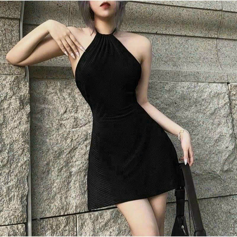 [HCM]đầm cổ yếm hoqr lưng dáng ngắn chữ A chất nhung mềm , váy nhung chữ a dây cổ yếm m53654