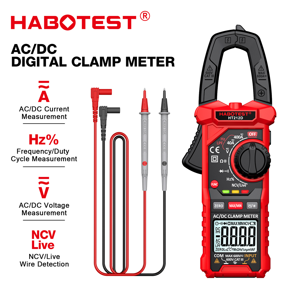 HABOTEST💥HT212 kỹ thuật số kẹp mét 600V AC/DC 4000 đếm điện áp mét hiện tại dữ liệu Giữ liên tục tối đa diode thử nghiệm ohm mét