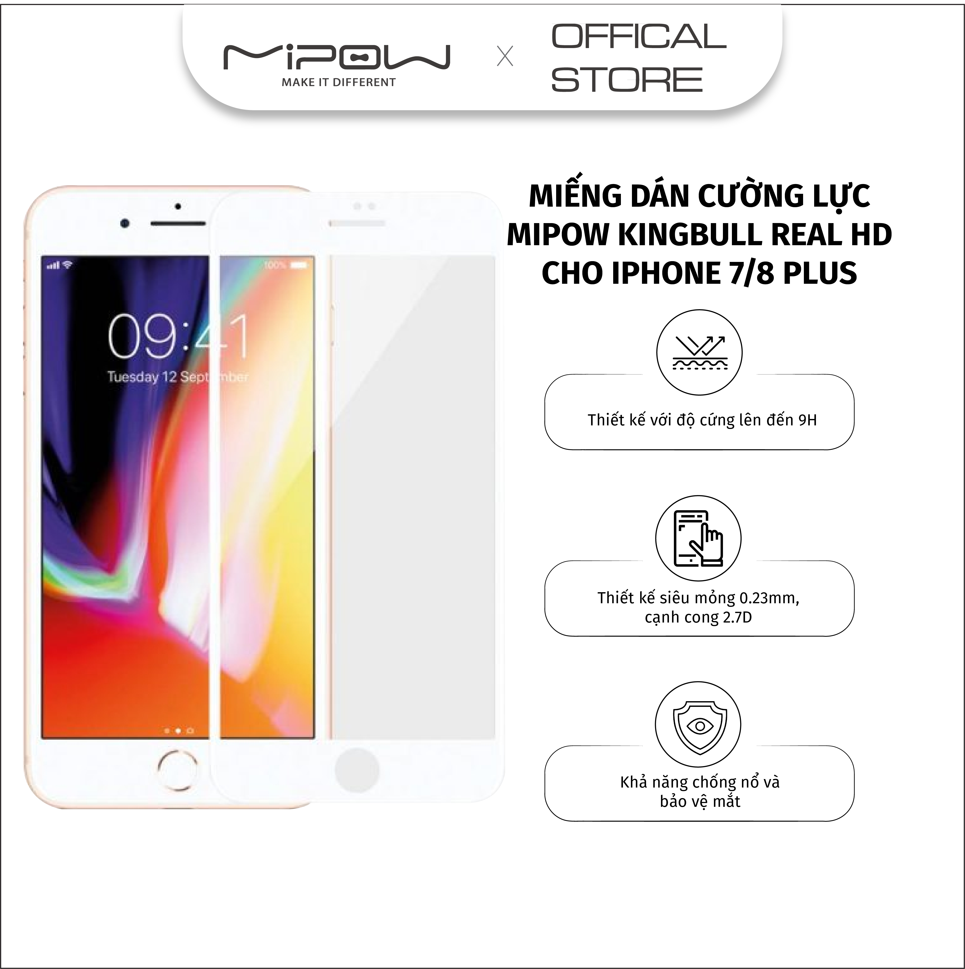 MIẾNG DÁN CƯỜNG LỰC MIPOW KINGBULL REAL HD FOR IPHONE 7/8