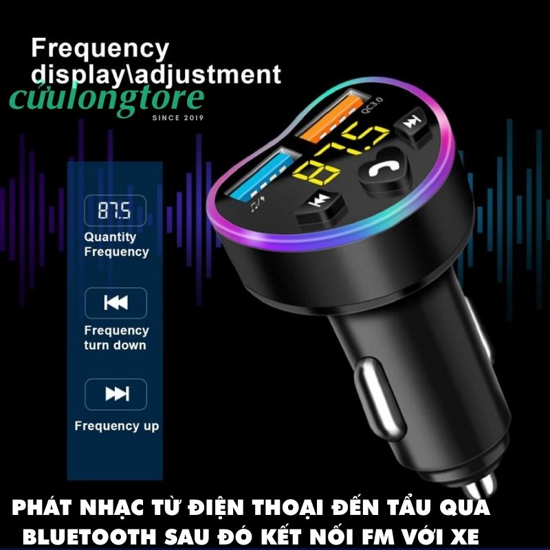 Tẩu Sạc Bluetooth 5.0 MP3 Đa Năng, Sạc Nhanh Xe Hơi QC 3.0 Nghe Nhạc FM gọi rảnh tay, sạc pin diện thoại đèn led đo điện áp ô tô