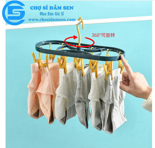 Móc treo vớ xoay 360 độ kèm 12 móc bằng nhựa chống gió, Móc phơi đồ lót, đồ em bé G269-Moctreovo-Ovan