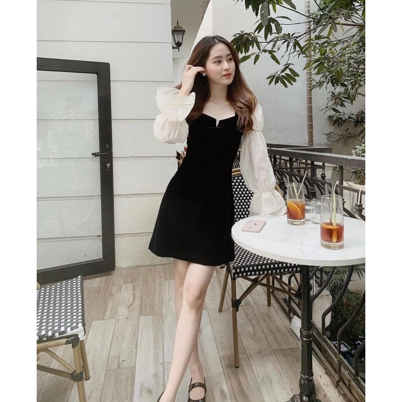 Đầm đen phối tay trắng