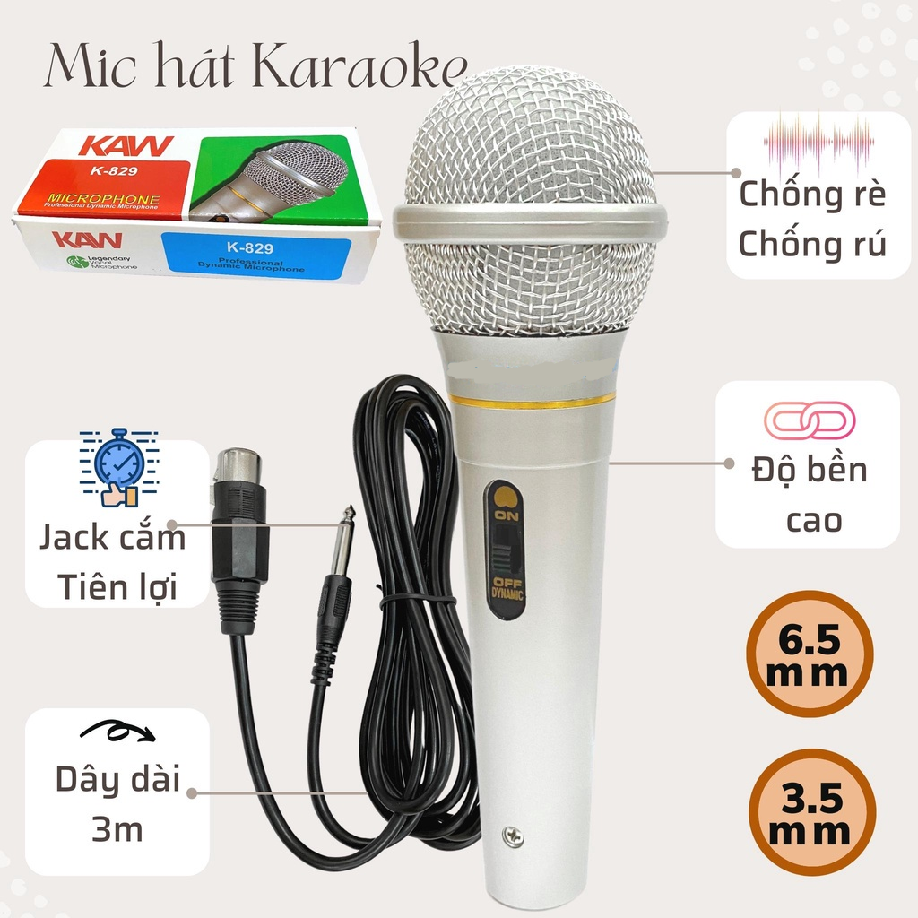 Mic Hát Karaoke, Micro Có Dây Cao Cấp - Micro Karaoke Có Dây KAW K 829 Phên Bản Mới, Âm Thanh Mượt Mà, Chống Hú Tốt