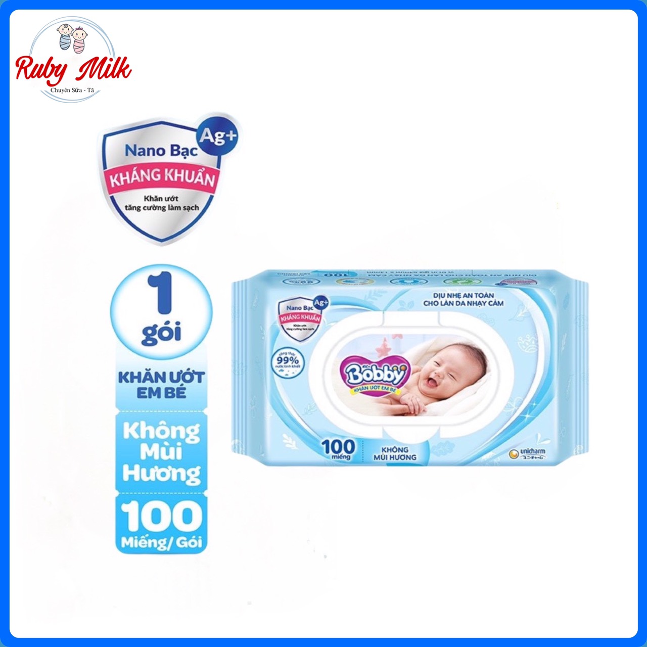 Khăn Giấy Ướt Bobby Gói 100 miếng Không Mùi