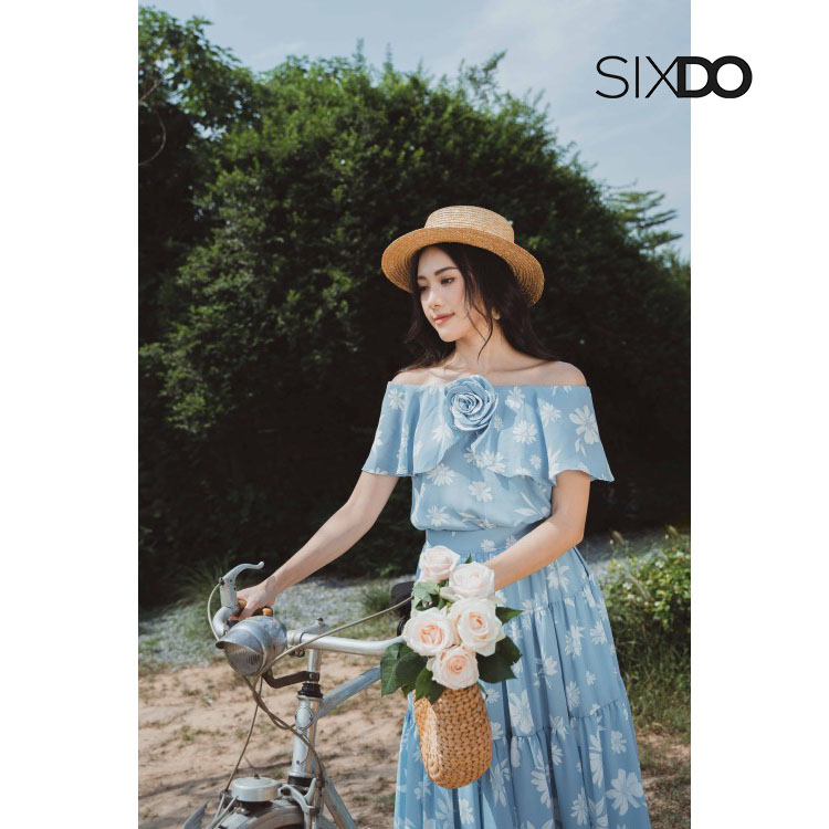 Chân váy xanh voan hoa SIXDO (Light Blue Floral Midi Voile Skirt)