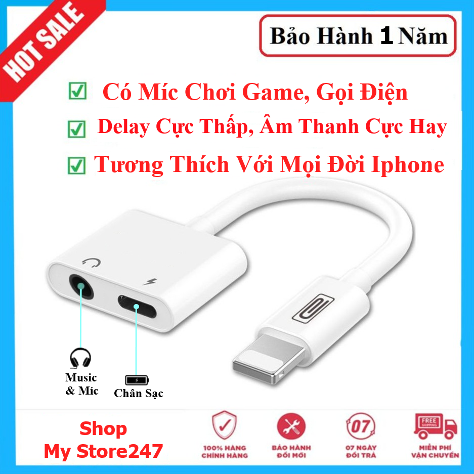 Cổng Cáp Chuyển Đổi Tai Nghe dành cho Ip, Jack Chuyển Vừa Sạc Vừa Cắm Tai nghe, Giắc Chuyển Ip Sử Dụng IC Zin