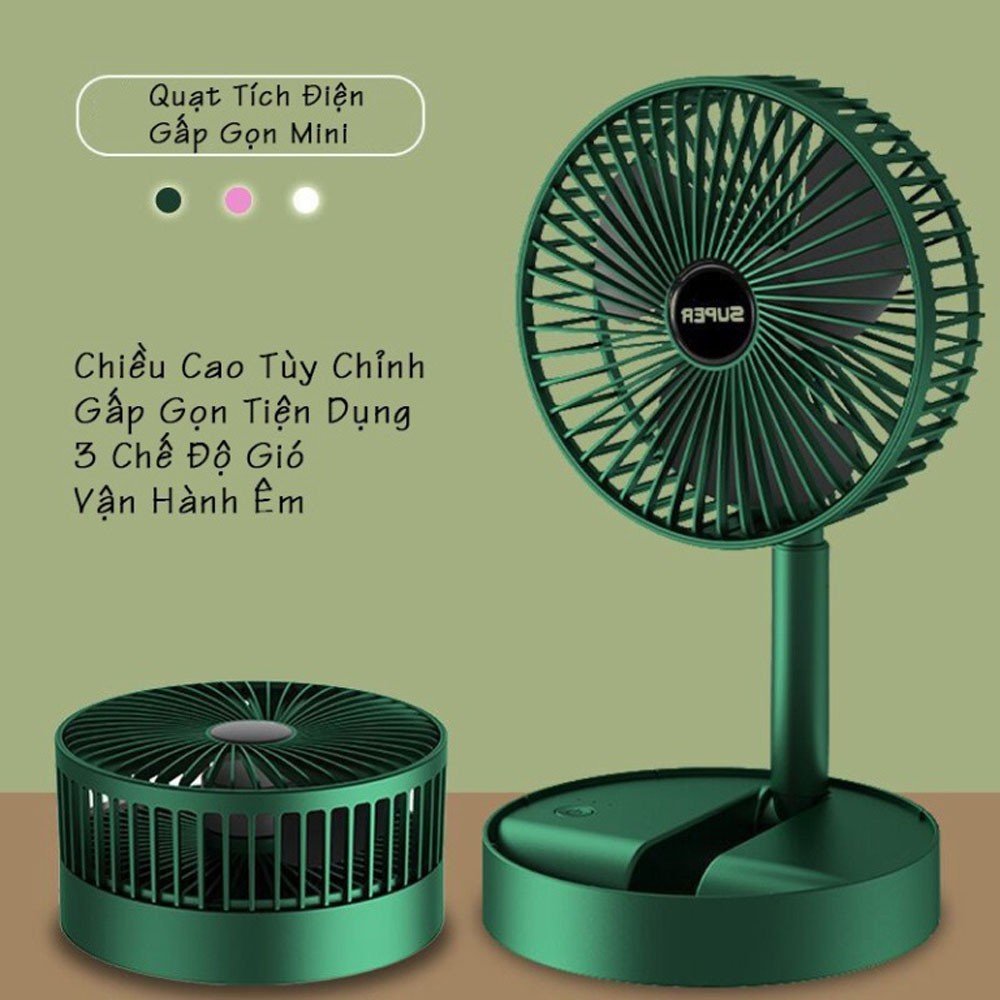 Quạt Tích Điện Gấp Gọn - Quạt Mini Fan Để Bàn Xoay 180 Độ, 3 Tốc Độ Gió Siêu Mát, Cổng Sạc USB, Thiết Kế Nhỏ Gọn Dễ Dàng Mang Theo - Bảo Hành 1 Đổi 1