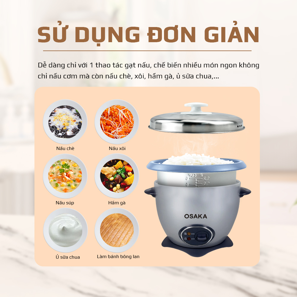 Nồi Cơm Điện Dung Tích 2.2L, Công Suất 900W - Lòng Nồi Chống Dính - Nắp Inox 304 - OSAKA RC-220R