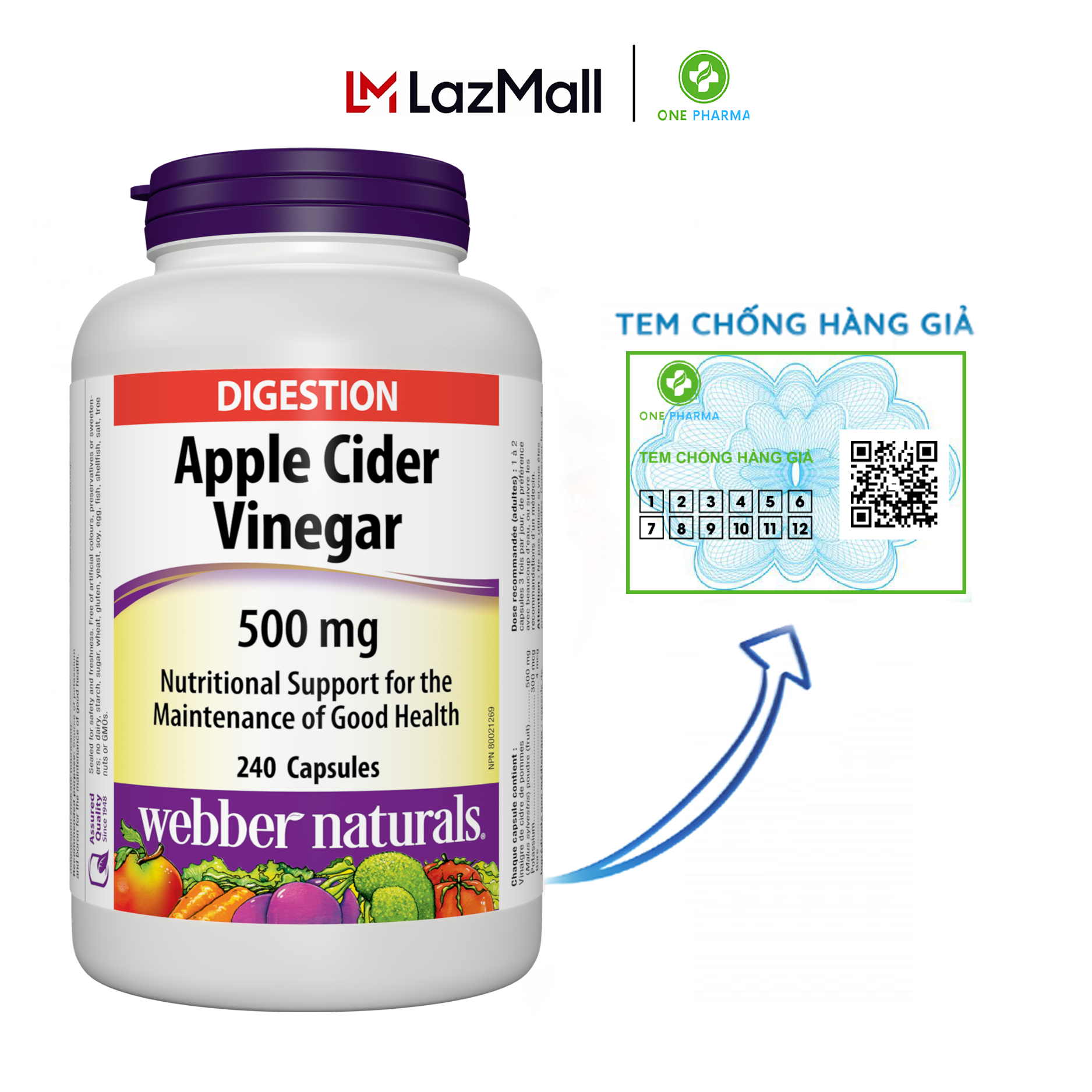Viên uống giảm cân giấm táo Webber Naturals Apple cider vinegar 500mg 240