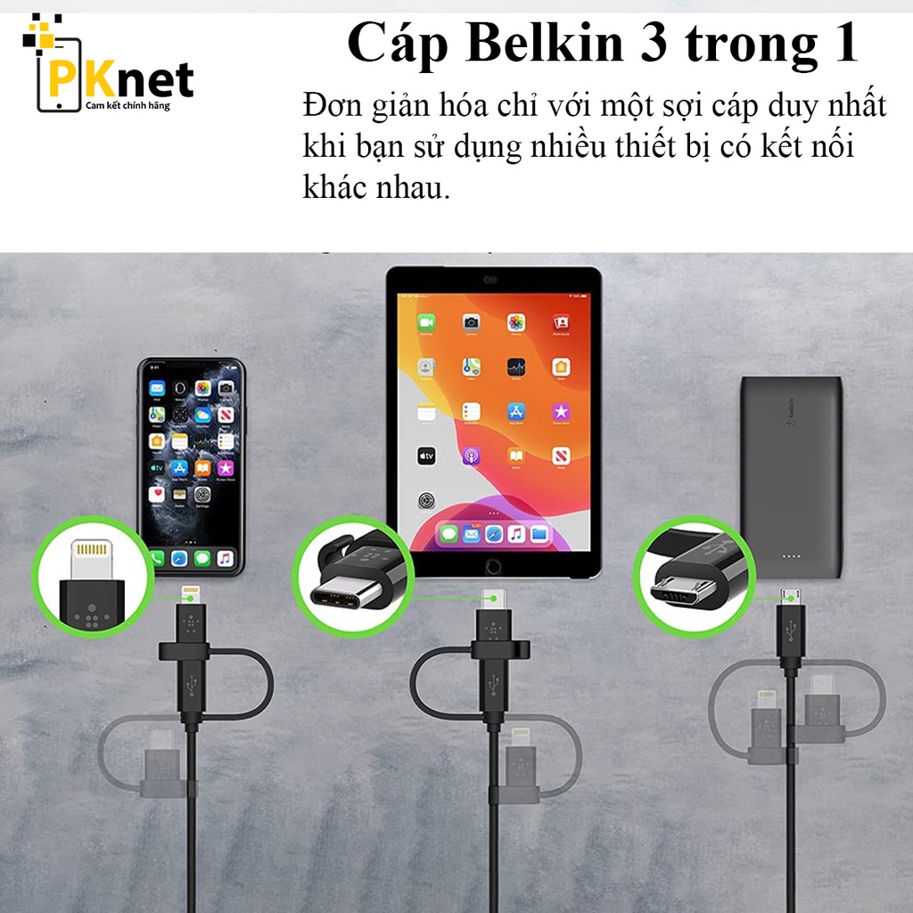 Dây sạc 3 trong 1 Belkin Chính hãng ( 3 cổng: Lightning, USB-C và Micro USB) [Nobox. bảo hành 12 tháng lỗi 1 đổi 1]