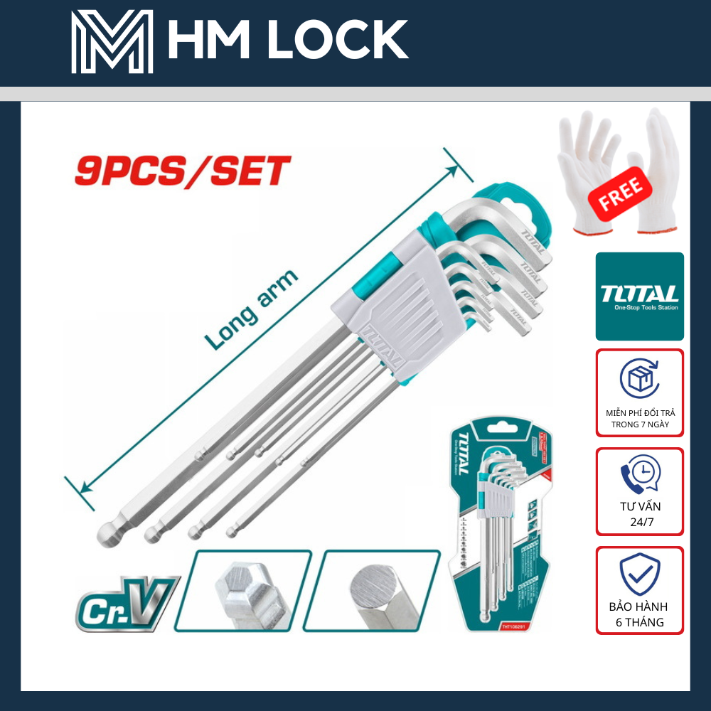 BỘ LỤC GIÁC BI TOTAL 9 CÂY 1.5-10MM - THÉP CR-V KHÔNG GỈ CAO CẤP - THT106291 - HM LOCK