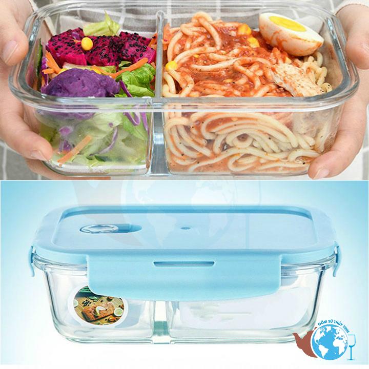 Hộp đựng cơm - Hộp thủy tinh 2 ngăn hình chữ nhật 1 lít  - BX1001 - đựng thực phẩm dùng lò viba - cao cấp