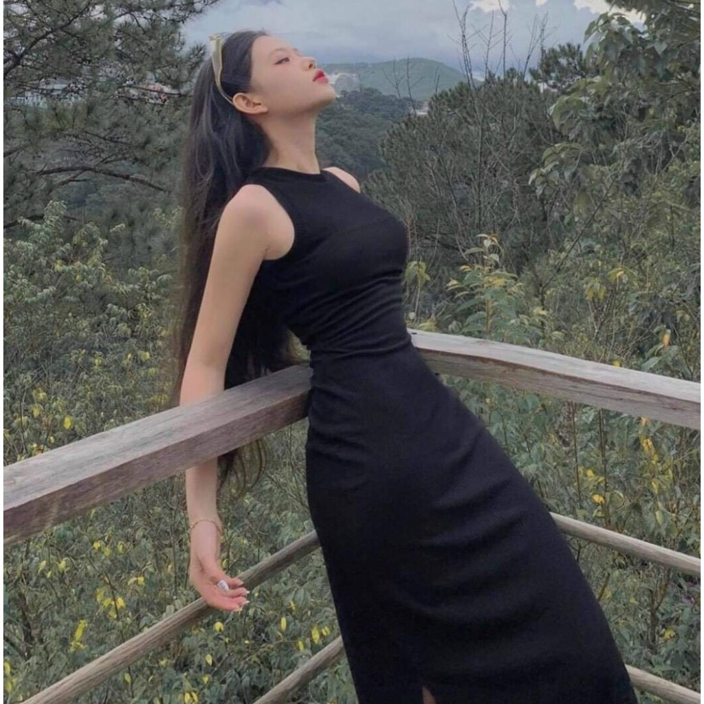 [Ảnh thật] Đầm body thun gân xẻ tà