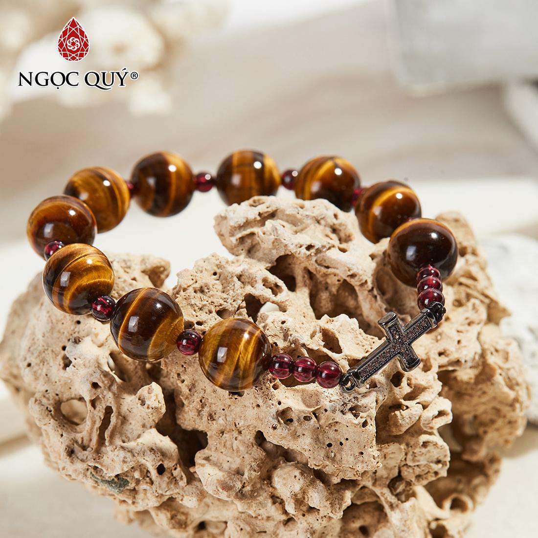 Vòng Tay Mân Côi Đá Thạch Anh Mắt Hổ Vàng Nâu 10mm Mix Charm Thánh Giá - Ngọc Quý Gemstones