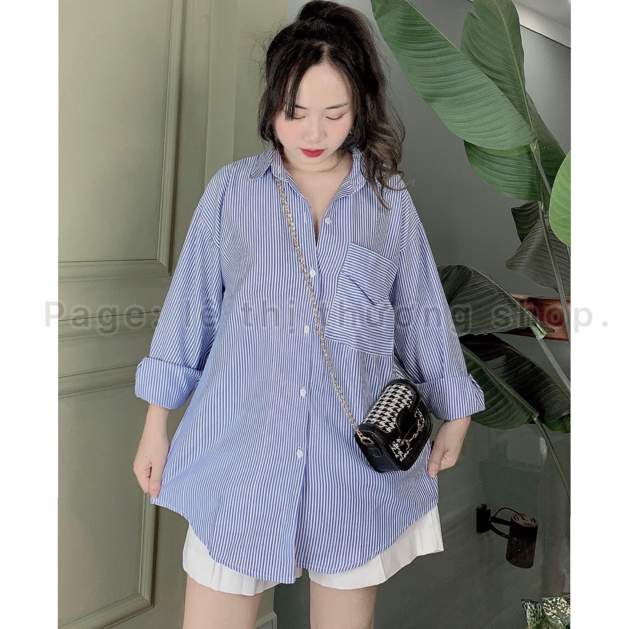 Sơ mi tay dài 1 túi kẻ sọc xanh
