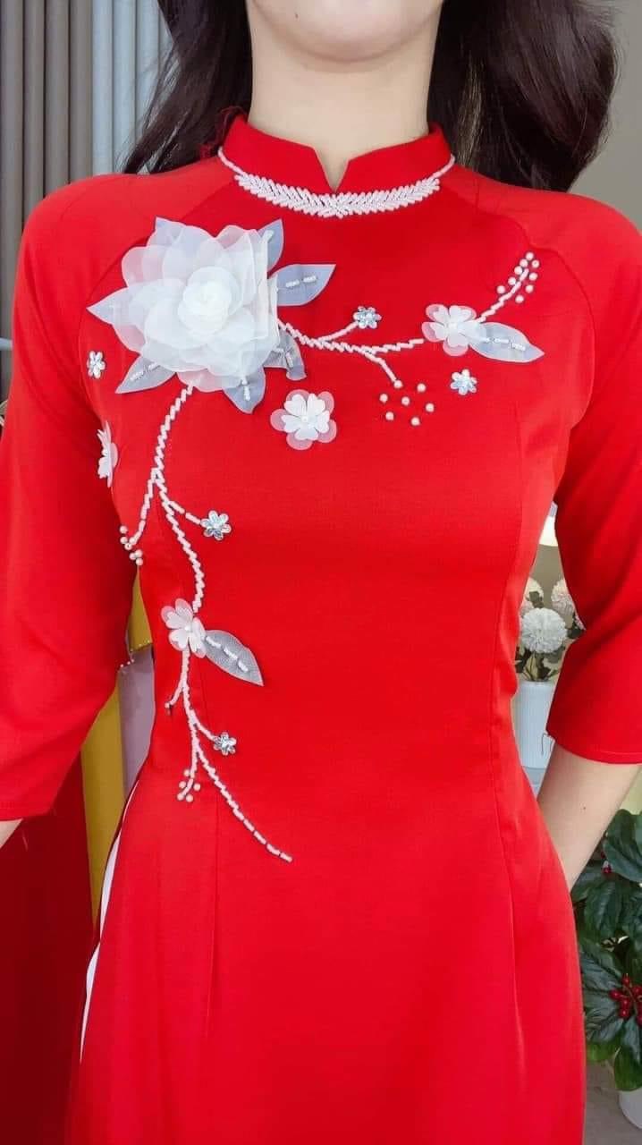 Áo dài lụa tây thi màu đỏ kết hoa đẹp cuốn hút - Áo Dài Đan Linh
