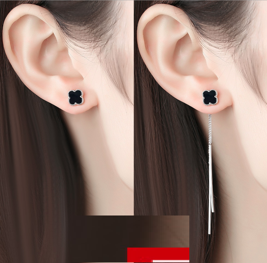 Bông tai nữ dáng dài bạc 925 cao cấp mẫu cỏ 4 lá may mắn